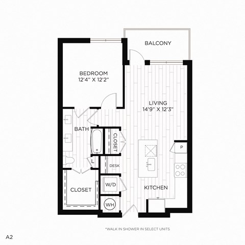 Floor plan for 1 bed, 1 bath, 770 sqft